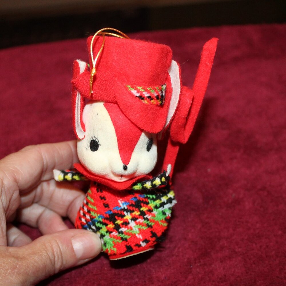 Vintage Chipmunk Plaid Hat Jacket Felt Flocked Christmas Ornament